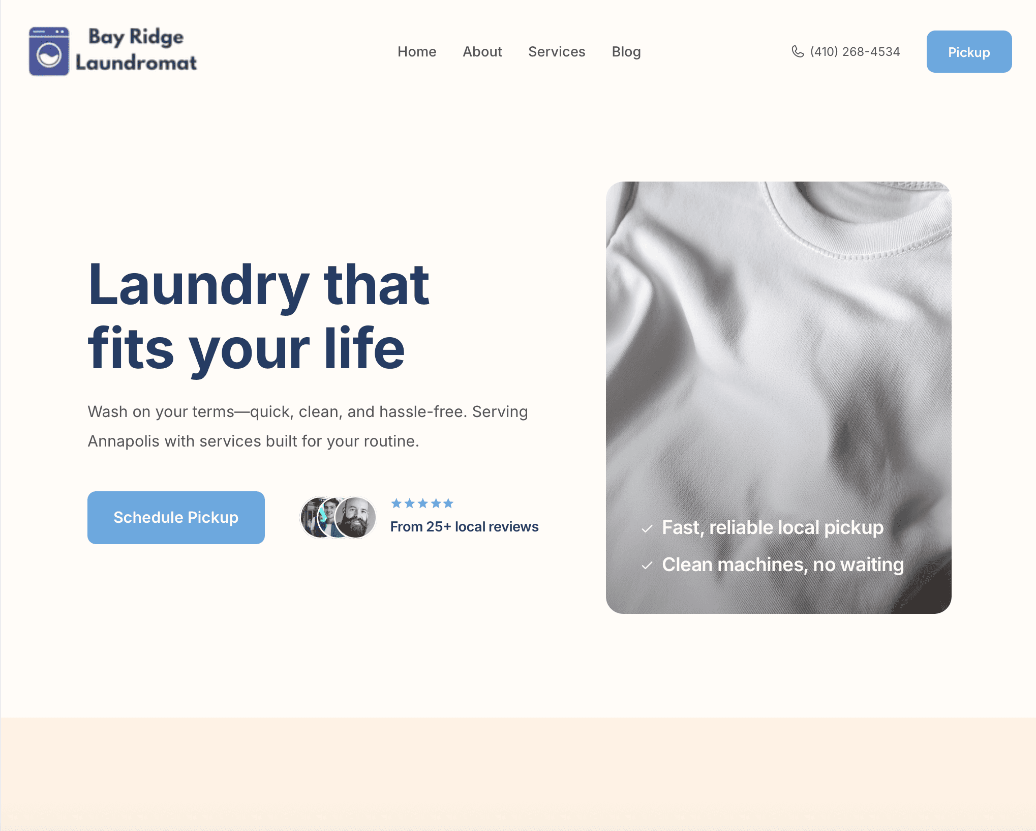 Laundromat website homepage with wash and fold, pickup and delivery, and self-service laundry options – desktop view
