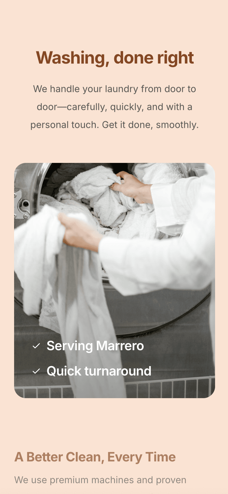 Mobile laundromat website showing online laundry scheduling and service details for local pickup and delivery