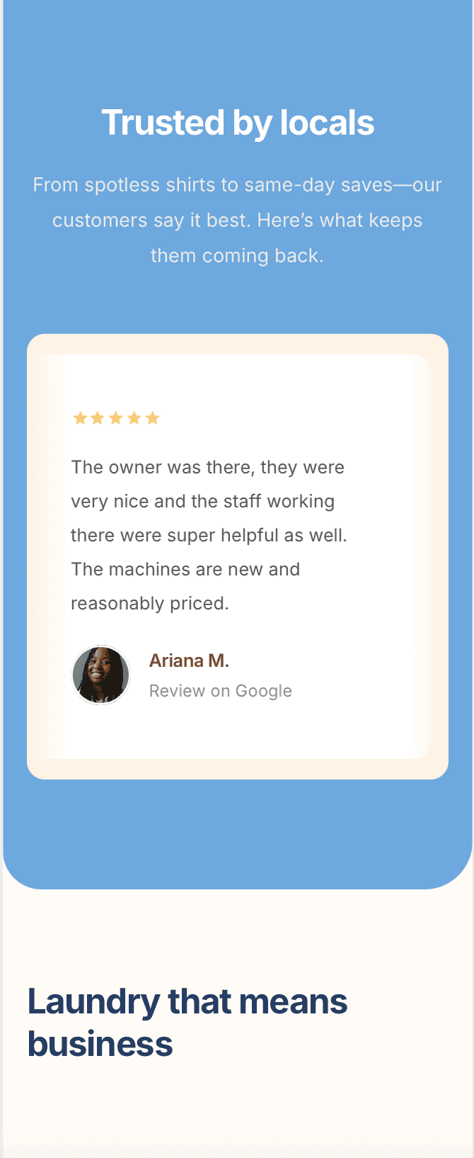 Modern laundromat website design homepage for pickup and delivery services – mobile-friendly layout with clean call-to-action buttons