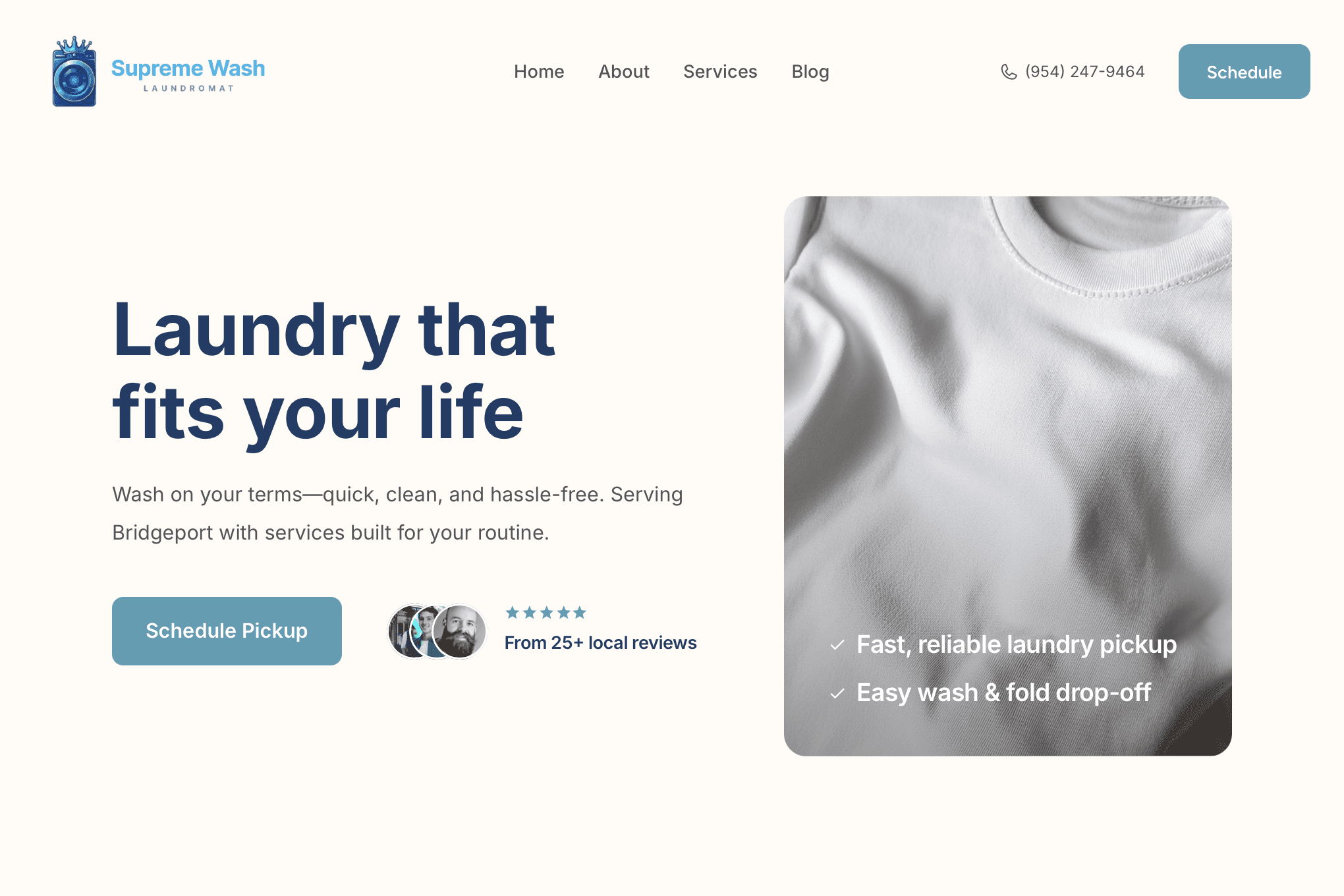 Laundry service highlights on laundromat website – wash & fold, commercial laundry, and home pickup options showcased