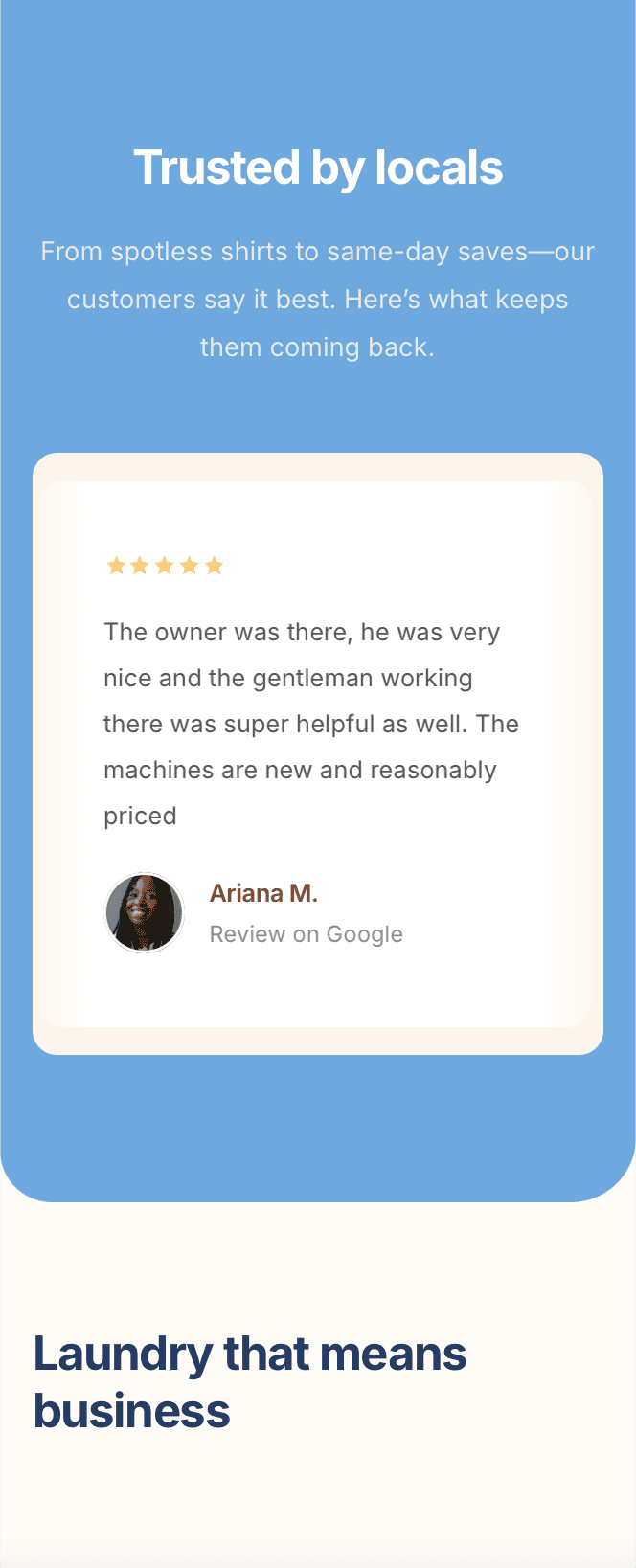 Responsive laundromat site with reviews, service info, pricing, and location map – optimised for mobile users