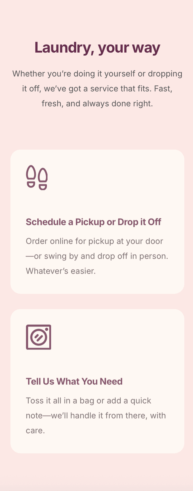 Laundry service highlights on laundromat website – wash & fold, commercial laundry, and home pickup options showcased
