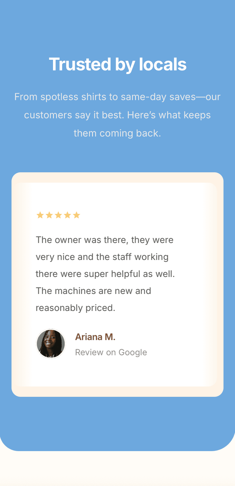 Laundry service highlights on laundromat website – wash & fold, commercial laundry, and home pickup options showcased