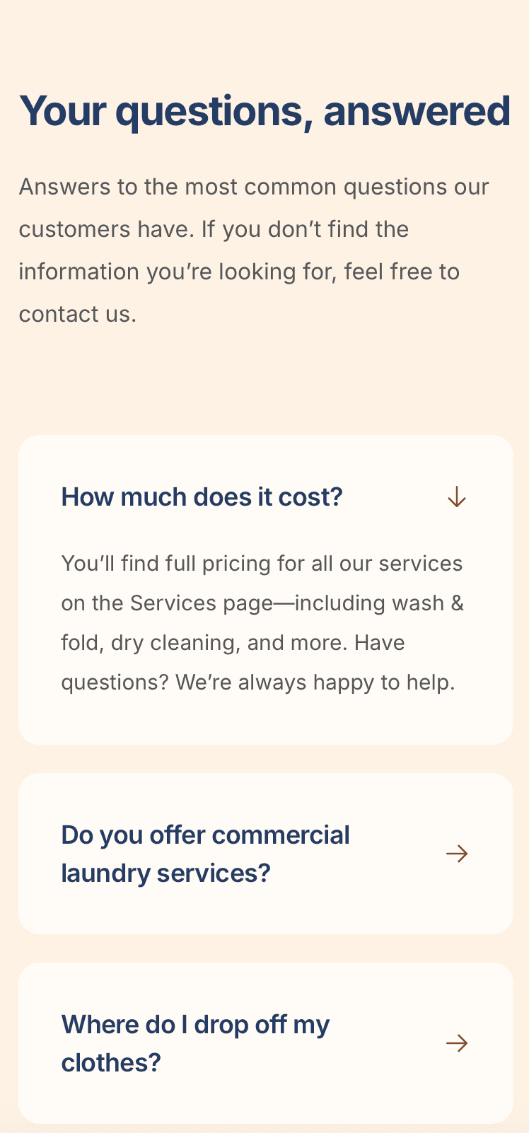 Laundry service highlights on laundromat website – wash & fold, commercial laundry, and home pickup options showcased