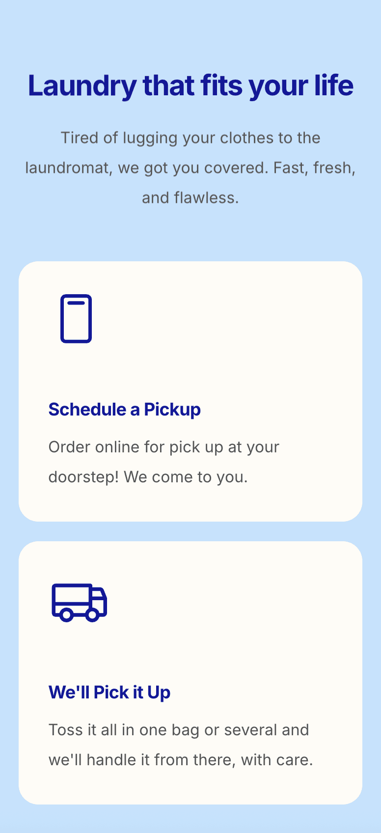 Wash and fold service page on a phone-friendly laundromat website – fast, modern, and easy to use