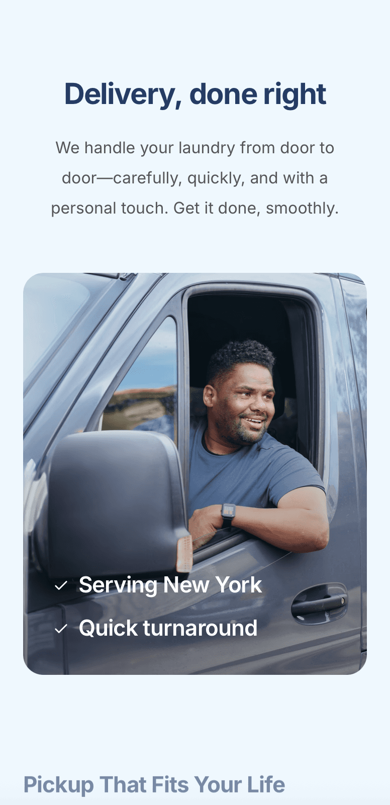 Laundry service highlights on laundromat website – wash & fold, commercial laundry, and home pickup options showcased