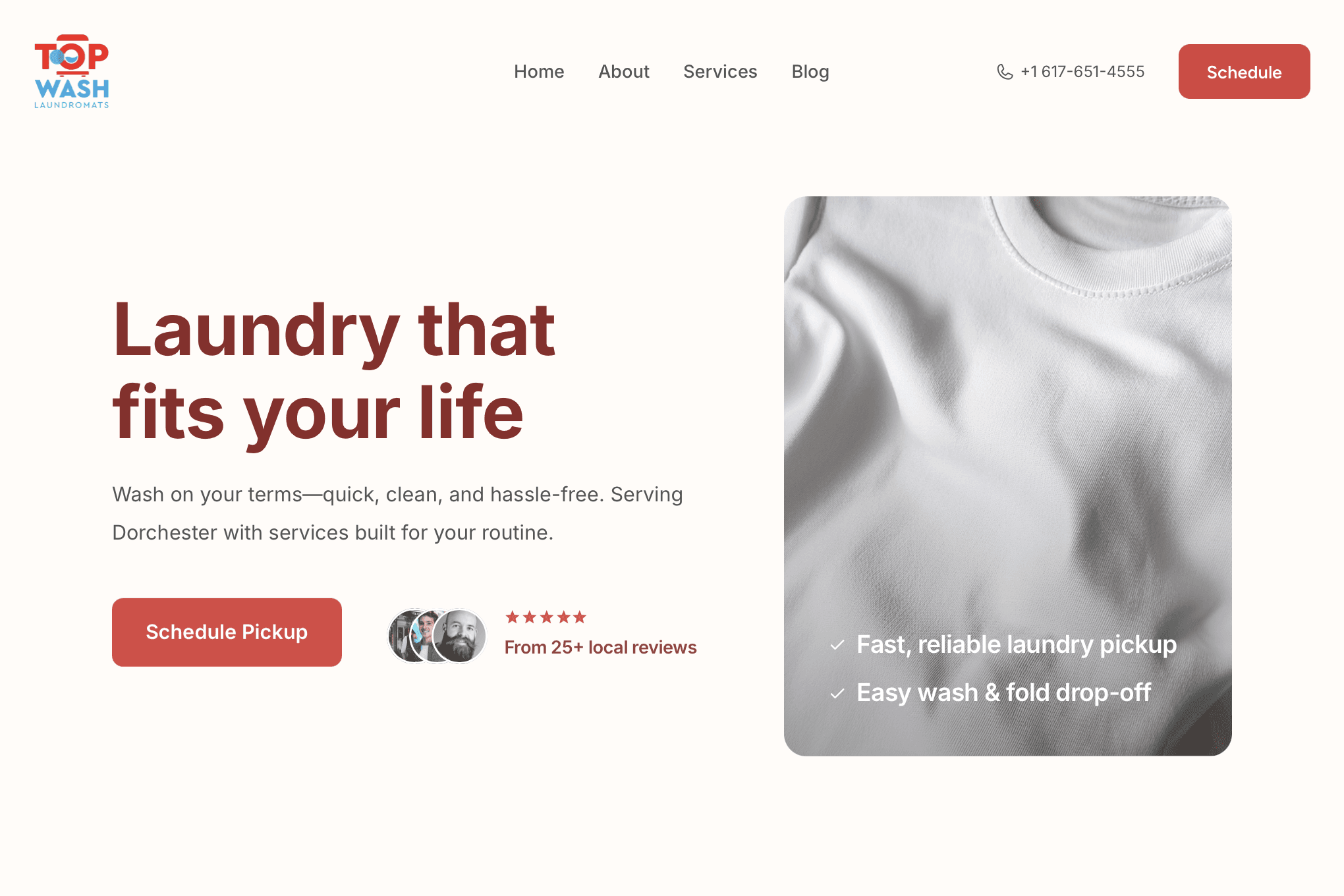 Laundry service highlights on laundromat website – wash & fold, commercial laundry, and home pickup options showcased