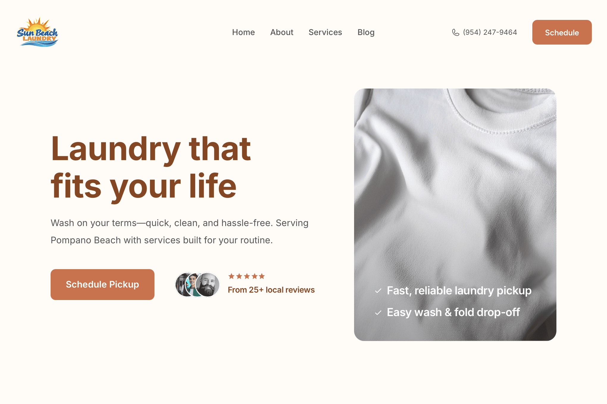 Laundry service highlights on laundromat website – wash & fold, commercial laundry, and home pickup options showcased