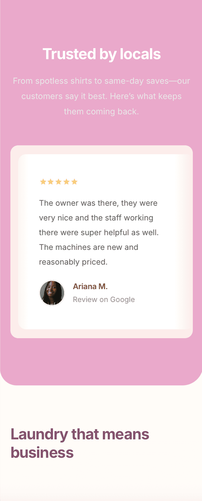 Responsive laundromat site with reviews, service info, pricing, and location map – optimised for mobile users