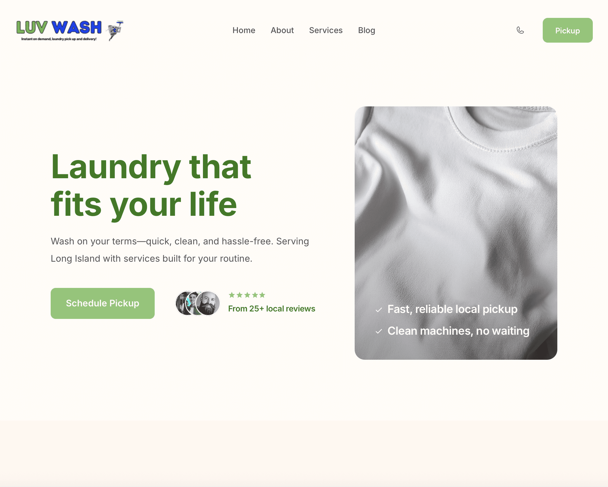 Modern laundromat website design homepage for pickup and delivery services – mobile-friendly layout with clean call-to-action buttons