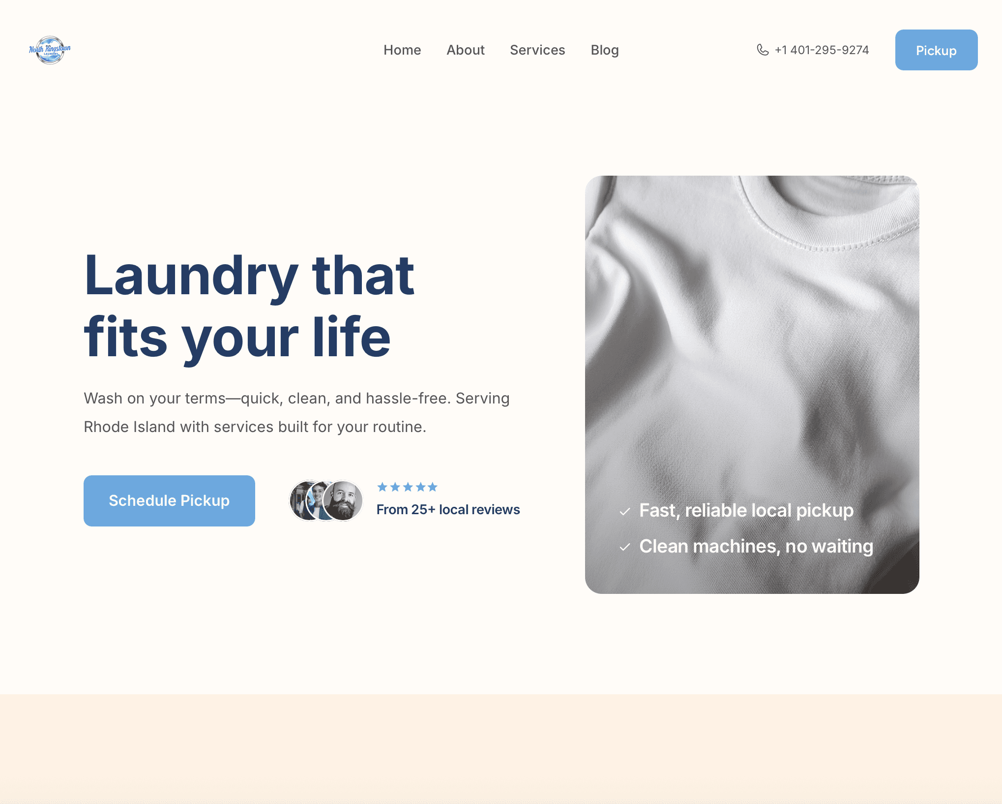 Modern laundromat website design homepage for pickup and delivery services – mobile-friendly layout with clean call-to-action buttons