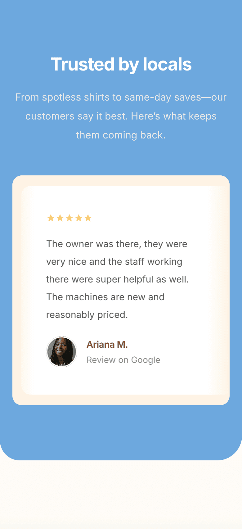 Responsive laundromat site with reviews, service info, pricing, and location map – optimised for mobile users