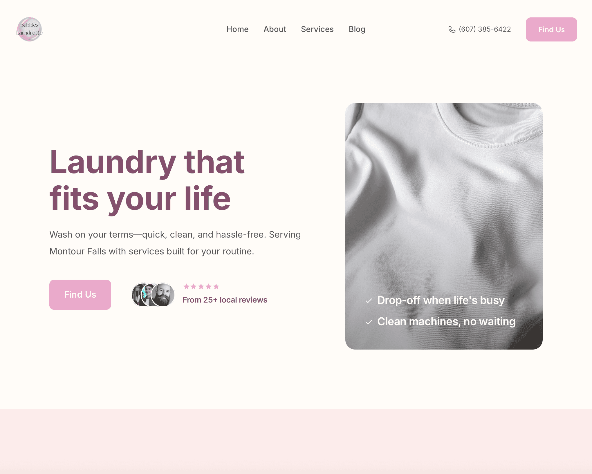 Laundromat website homepage with wash and fold, pickup and delivery, and self-service laundry options – desktop view