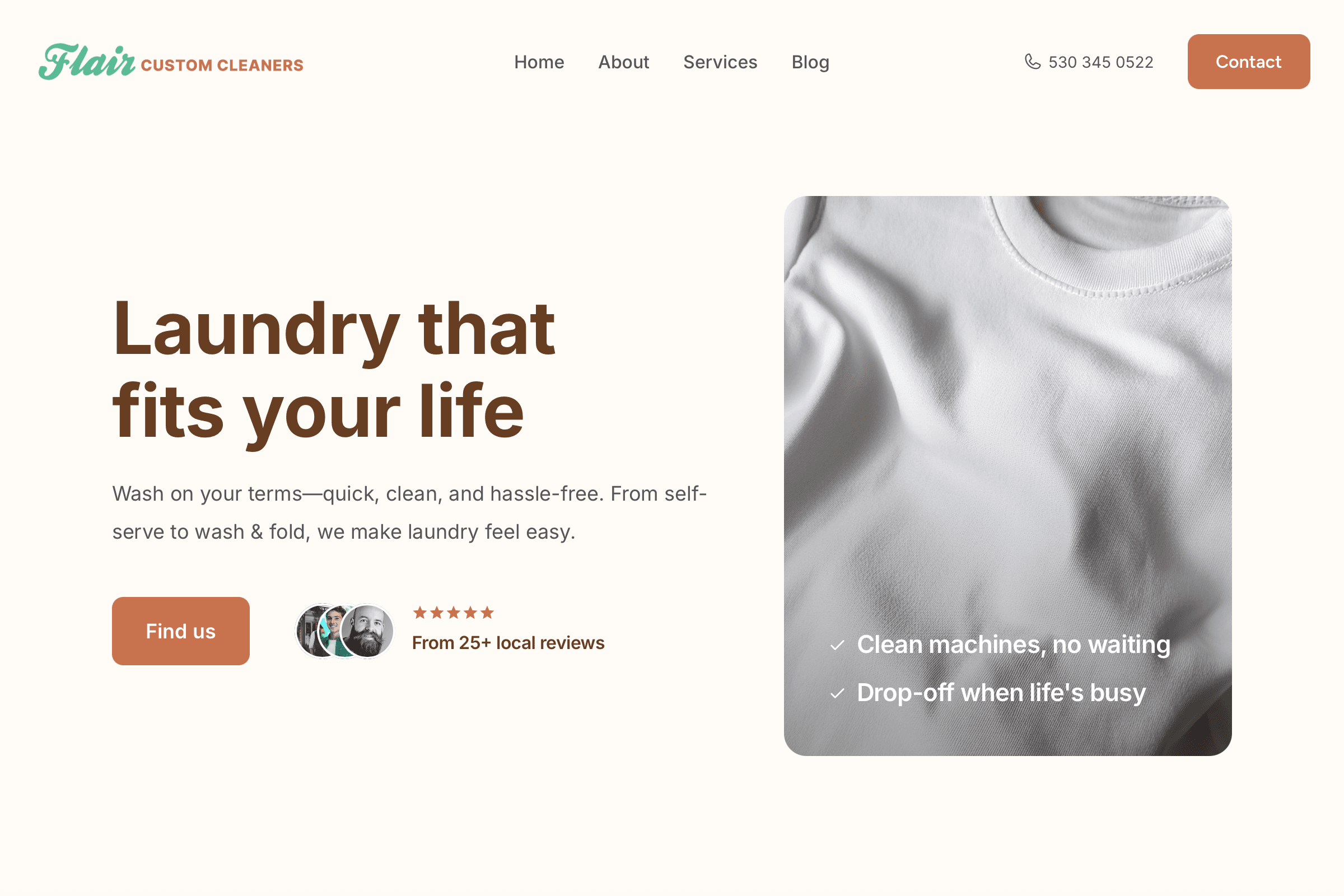 Laundromat website homepage with wash and fold, pickup and delivery, and self-service laundry options – desktop view