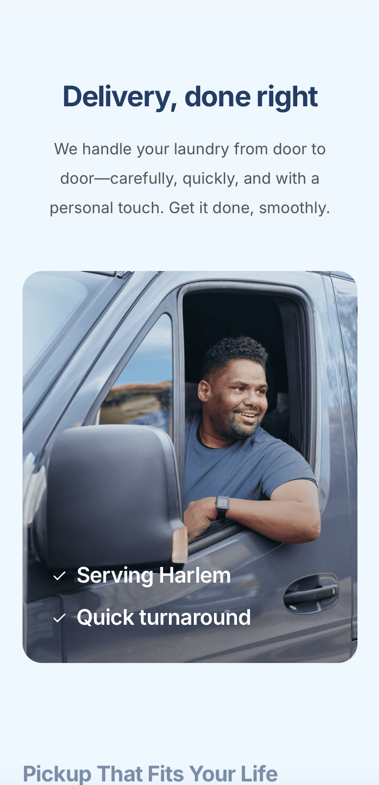 Laundry service highlights on laundromat website – wash & fold, commercial laundry, and home pickup options showcased