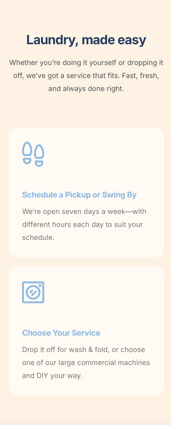 Wash and fold service page on a phone-friendly laundromat website – fast, modern, and easy to use