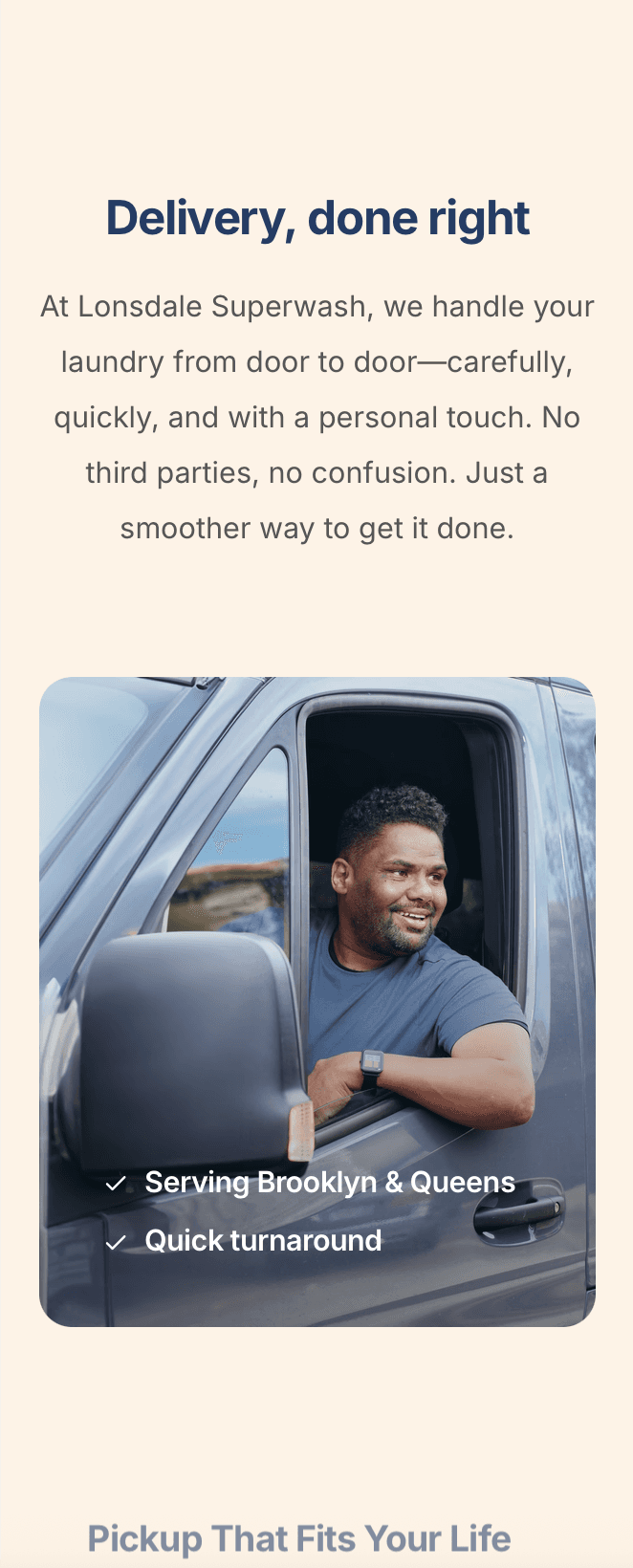 Wash and fold service page on a phone-friendly laundromat website – fast, modern, and easy to use