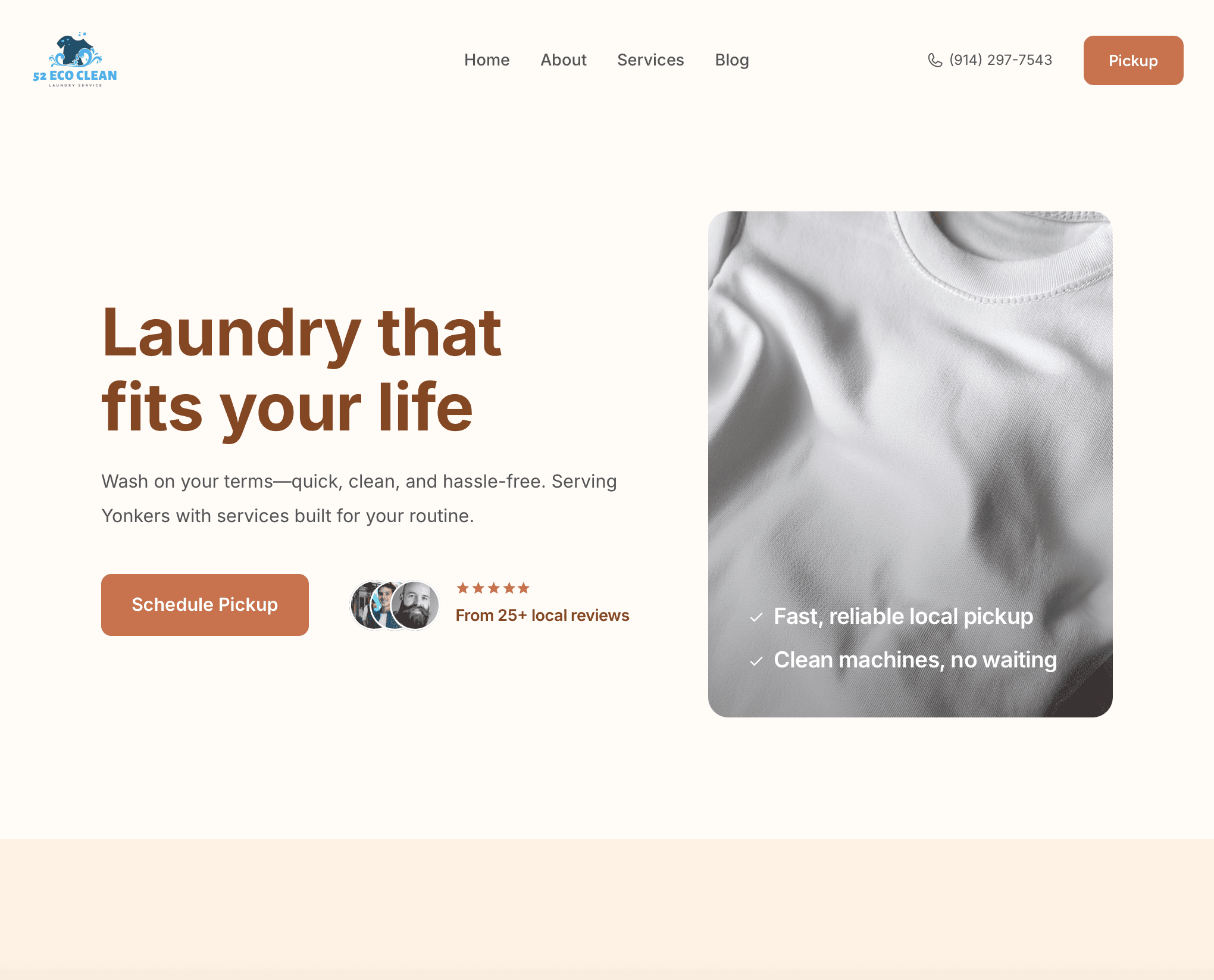 Laundromat website homepage with wash and fold, pickup and delivery, and self-service laundry options – desktop view