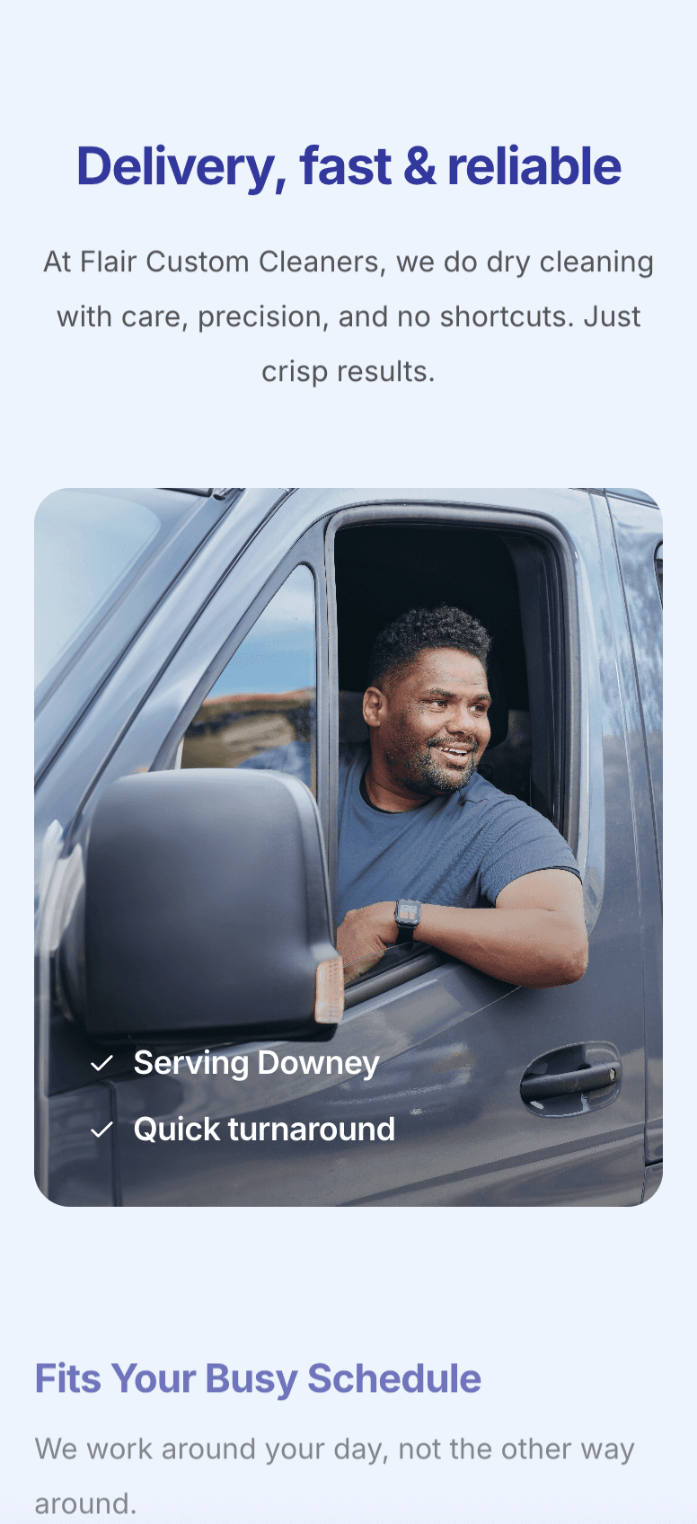 Mobile laundromat website showing online laundry scheduling and service details for local pickup and delivery