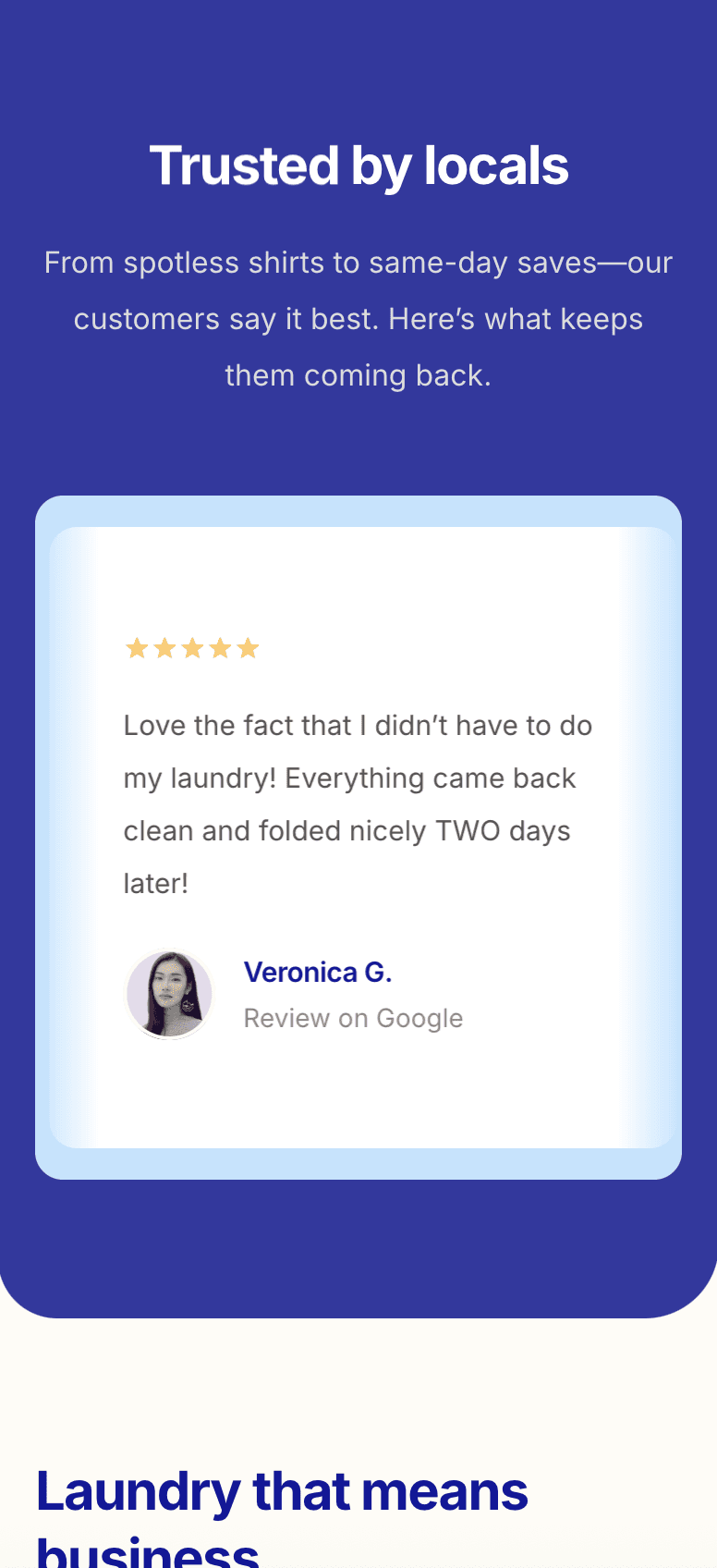Responsive laundromat site with reviews, service info, pricing, and location map – optimised for mobile users
