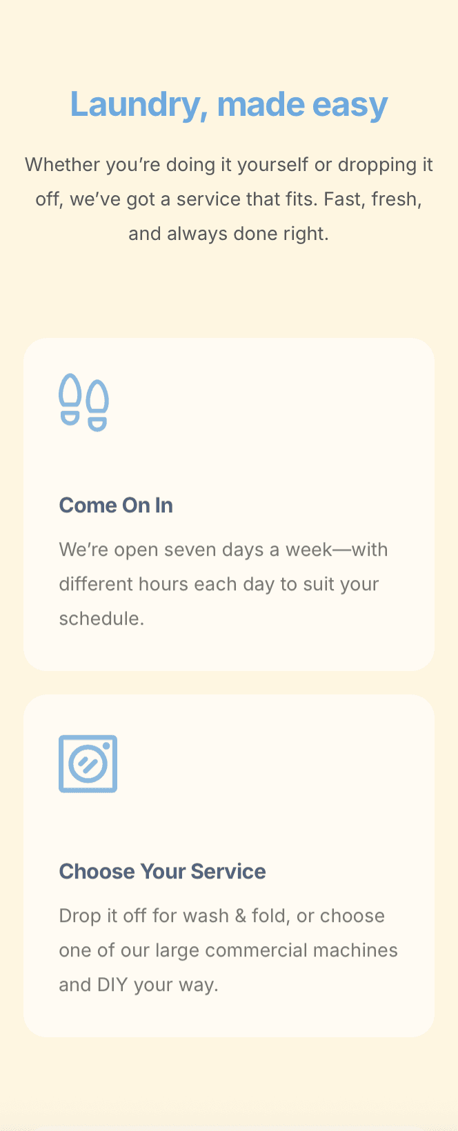Wash and fold service page on a phone-friendly laundromat website – fast, modern, and easy to use